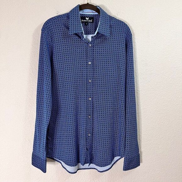Butter Cloth Size L Blue Geometric Flip Cuff Preppy Office Button Dress Shirt - Picture 2 of 10